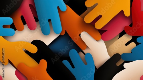 A vibrant abstract of interlocking colorful hands symbolizes unity and diversity through its overlapping and dynamic design. photo