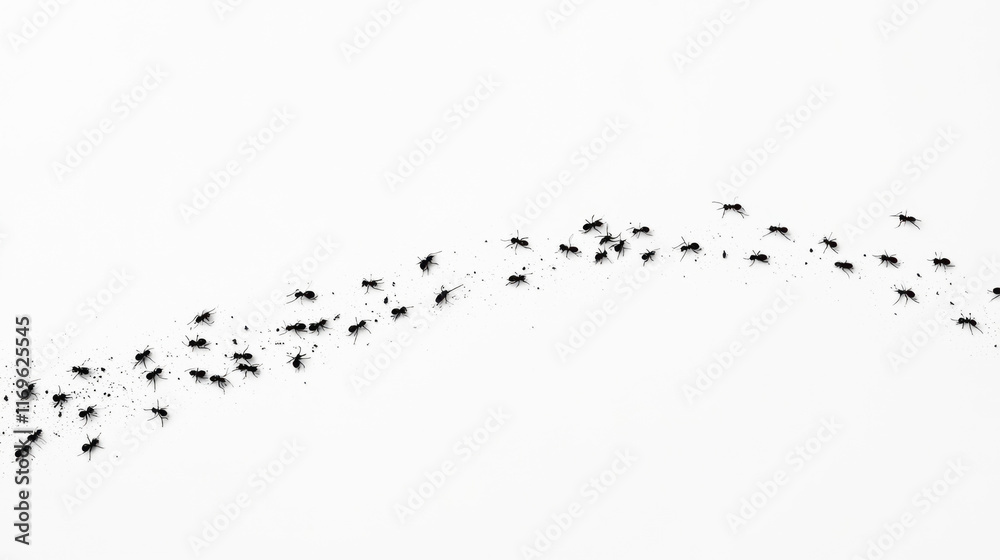 Trail of ants on white background in curved formation
