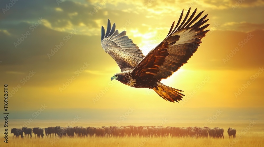 Naklejka premium Majestic Eagle Soaring Over a Herd at Golden Hour