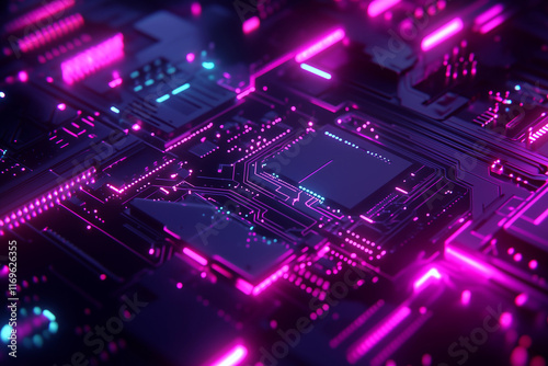 Vibrant electronic circuit board illuminated with neon pink and blue lights at nighttime