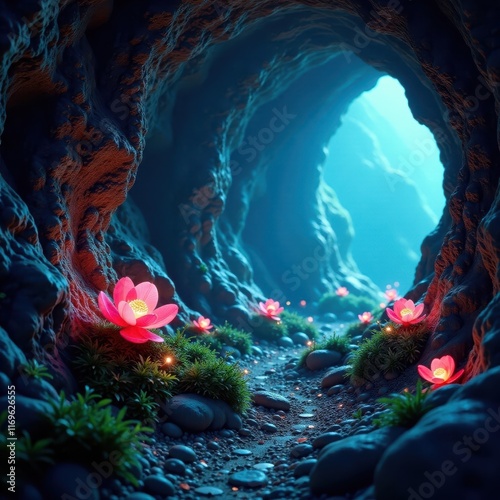 Bio luminescent plants, celestial vortex within cavern, dark, environment, sky photo