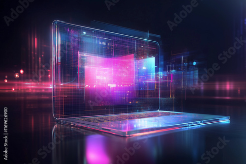 Modern laptop showcasing digital interface with vibrant colors and glowing effects
