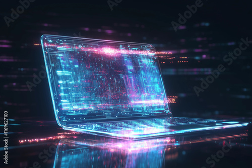 Digital laptop with glowing graphics in a futuristic setting representing data processing