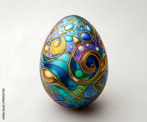 Painted egg with peacock colors . photo