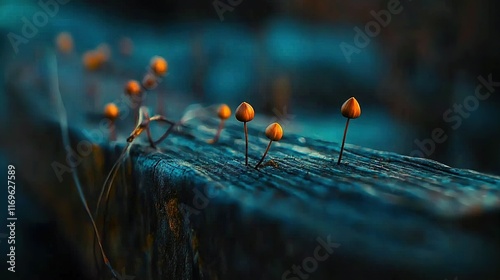   A cluster of tiny orange blossoms rests atop a wooden seat beside a lush meadow during a drizzly afternoon