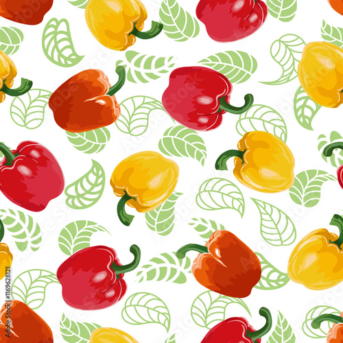 Pattern with leaves and peppers.Multi-colored peppers and green leaves in a pattern on a white background.