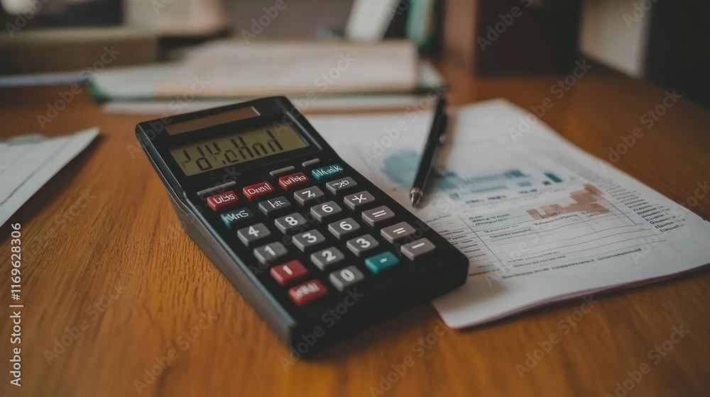 Calculator and Documents Resting on Wooden Desk Calculator and Documents Resting on Wooden Desk