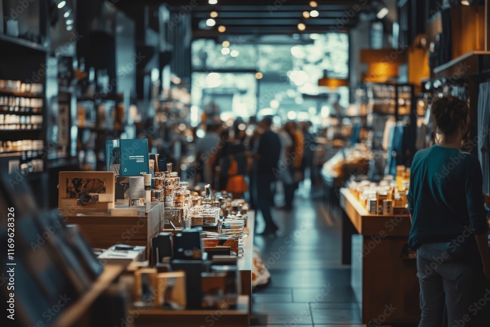 Blurry indoor market; shelves, goods, shopper. Blurry indoor market; shelves, goods, shopper.