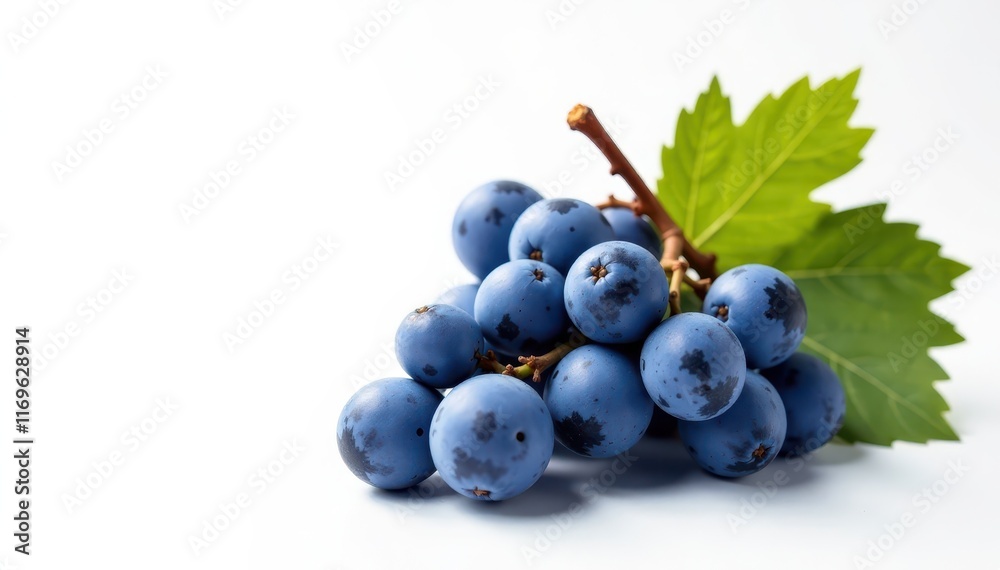Fototapeta premium Sun-dried blue grape cluster, clean white backdrop, still life, white background, autumn