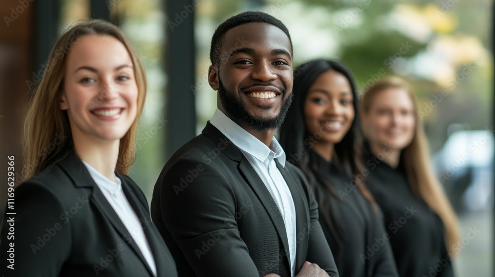 Smiling diverse business team, professional attire. Smiling diverse business team, professional attire.