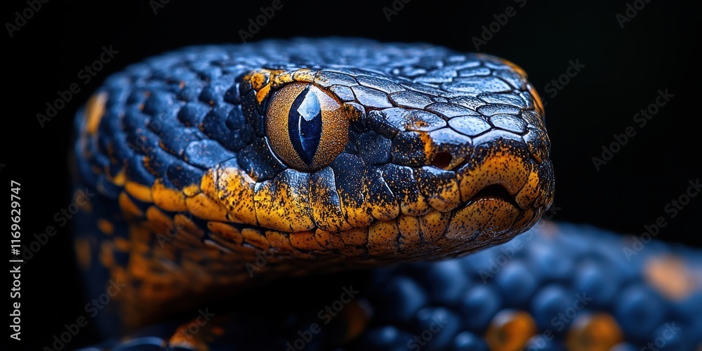 Fototapeta premium Close-Up Image of a Vibrantly Colored Black and Orange Snake Showcasing Intricate Scale Patterns and Unique Textures in a Natural Setting