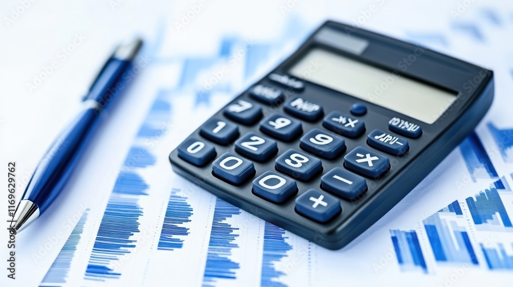 Calculator Pen and Financial Charts Resting on Desk Calculator Pen and Financial Charts Resting on Desk