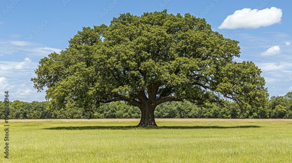Majestic Oak Tree Stands Alone In Sunny Field