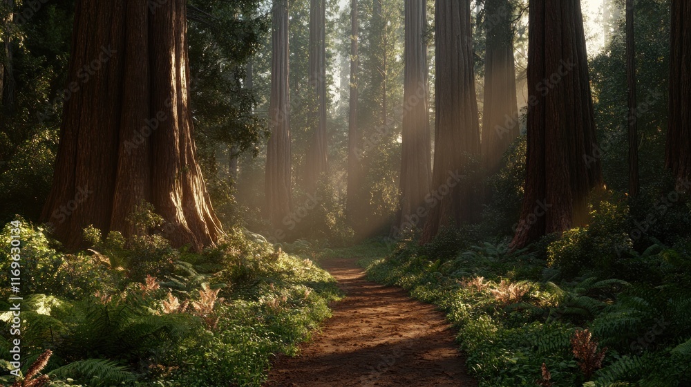 Obraz premium Sunlit Path Through Ancient Redwood Forest