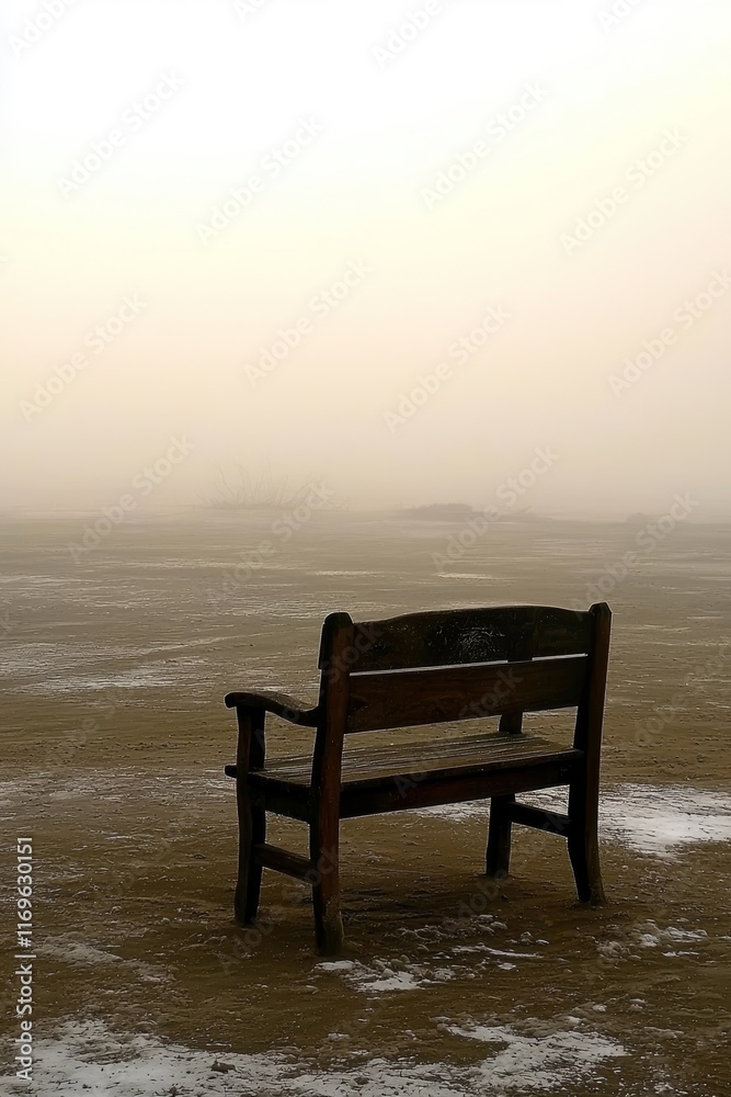 Lonely Wooden Bench in Foggy Winter Landscape Lonely Wooden Bench in Foggy Winter Landscape