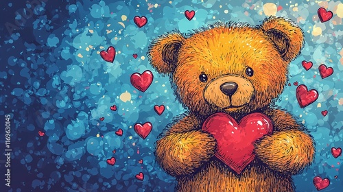  Brown  bear on blue background with red hearts floating