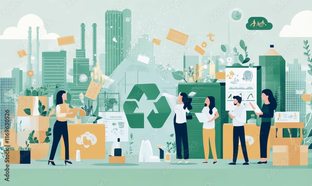 Team brainstorming sustainable city recycling solutions. Team brainstorming sustainable city recycling solutions.