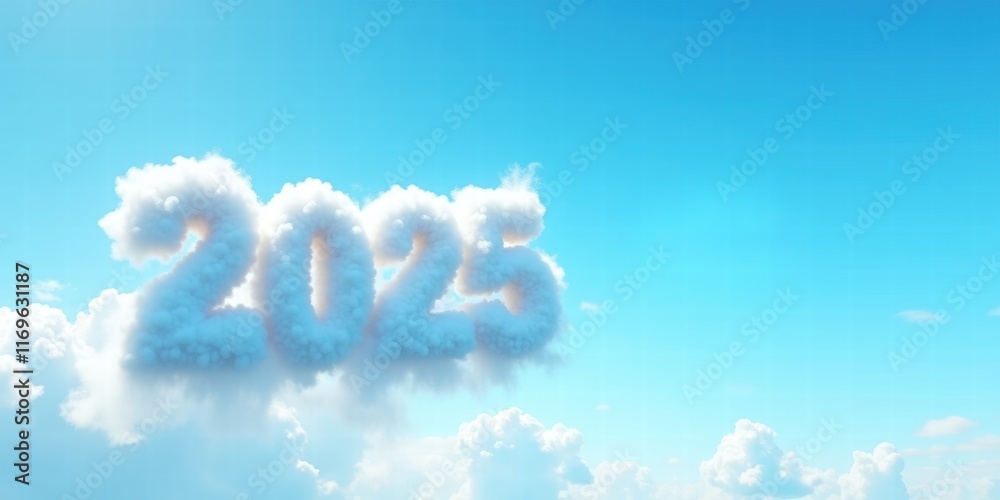 A whimsical representation of the year 2025 in fluffy clouds against a bright blue sky, perfect for concepts of future planning, optimism, and vision. A whimsical representation of the year 2025 in fluffy clouds against a bright blue sky, perfect for concepts of future planning, optimism, and vision.