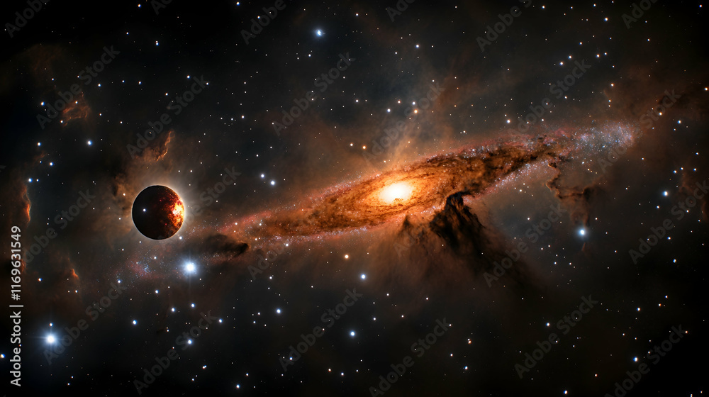 Fototapeta premium Planet and spiral galaxy in deep space.
