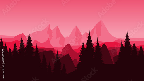 morning sky with mountains landscape vector illustration good for web banner, ads banner, tourism banner, wallpaper, background template, and adventure design backdrop