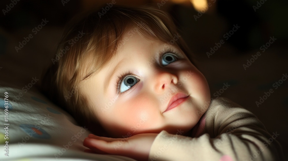 A Toddler With Bright Eyes Looks Upward In Bed A Toddler With Bright Eyes Looks Upward In Bed