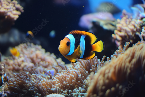 Vibrant clownfish swimming among colorful coral in a lively underwater habitat