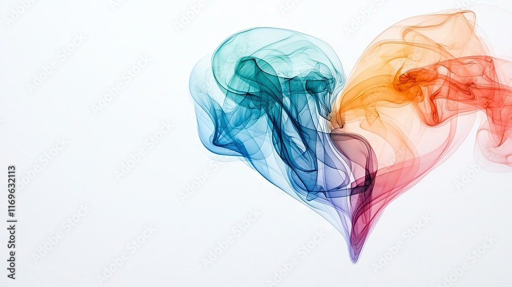 Obraz premium A multicolored smoke swirl forms the outline of a heart on a white background with a blue sky in the distance