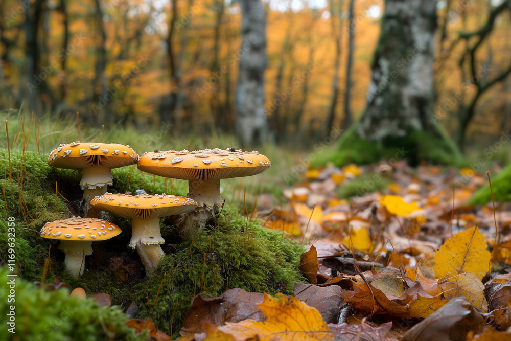 Fototapeta premium Vibrant mushrooms grow in a forest with autumn leaves in the background