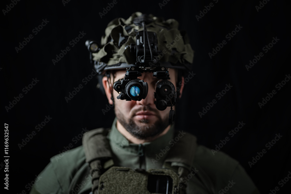 Obraz premium A special force soldier using modern night vision and thermal imaging in the darkness. Close up.