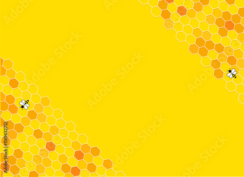 Honeycomb background pattern orange color. Corner border of geometric hexagons with cute bee. Simple backdrop texture with white space for text. vector Illustration.