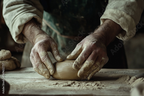 Hands of a potter shaping clay in a rustic workshop during daylight hours