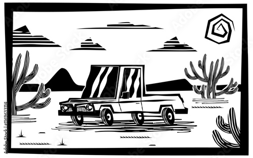 Cordel de uma caminhonete trafegando por uma paisagem típica do sertão nordestino do Brasil. Arte em xilogravura com detalhes rústicos e texturas tradicionais