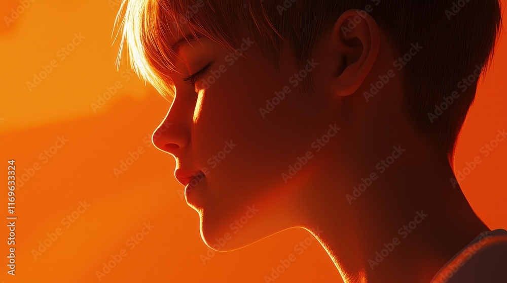A serene profile of a young person illuminated by sunset light. A serene profile of a young person illuminated by sunset light.