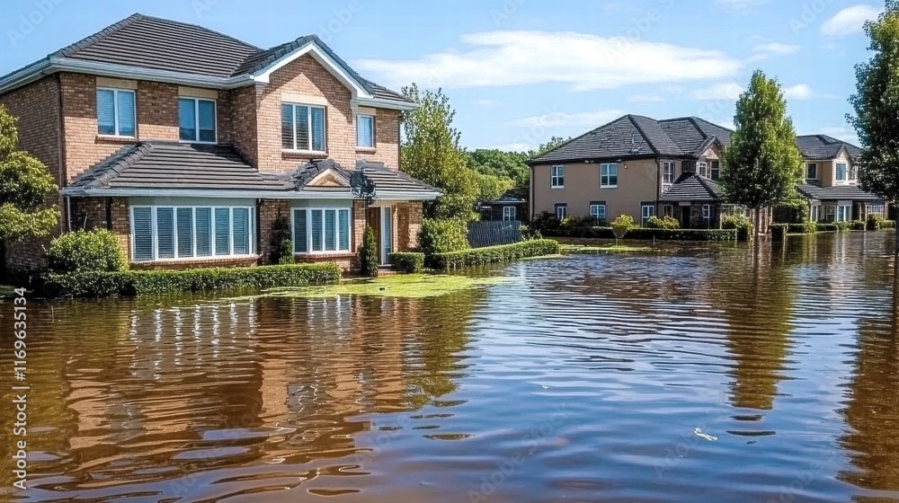 Flooded houses submerged by rising water levels after natural disaster Flooded houses submerged by rising water levels after natural disaster