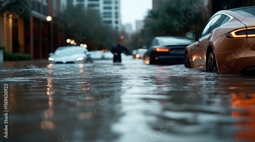 A flooded urban street with cars partially submerged.