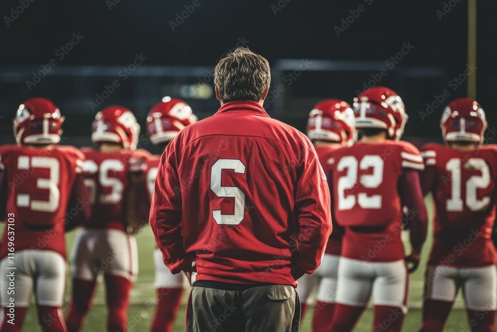 Fototapeta premium Coach observes football team; red uniforms, nighttime game.