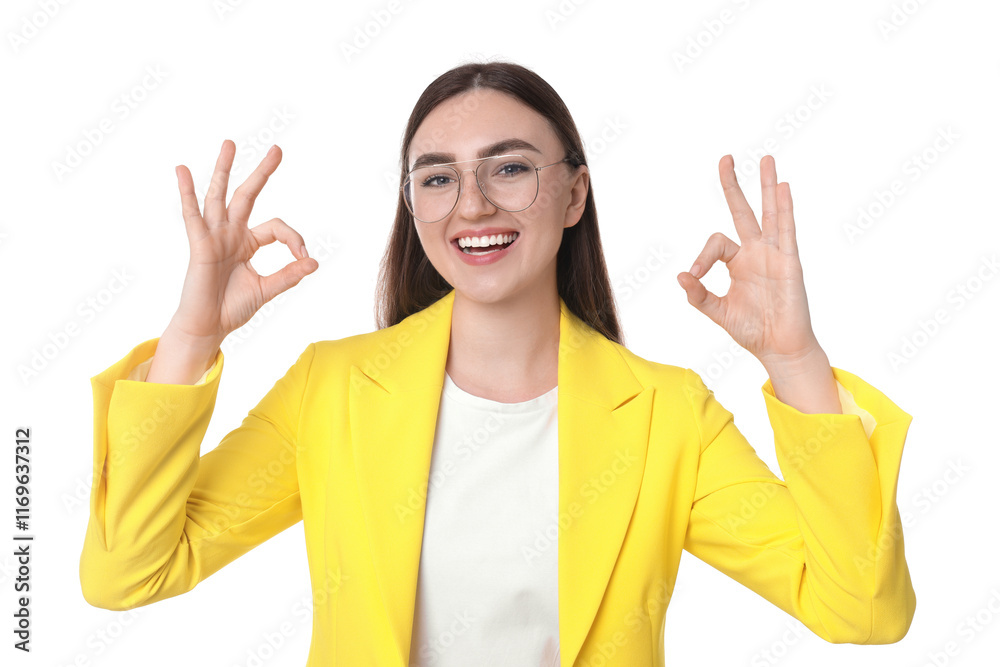 Happy young woman showing OK gesture on white background Happy young woman showing OK gesture on white background
