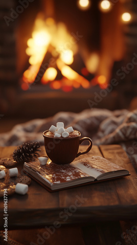 A cozy and heartwarming winter scene featuring a steaming mug of hot cocoa topped with fluffy marshmallows, resting on a rustic wooden coffee table in front of a crackling fireplace.