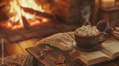 A cozy and heartwarming winter scene featuring a steaming mug of hot cocoa topped with fluffy marshmallows, resting on a rustic wooden coffee table in front of a crackling fireplace.