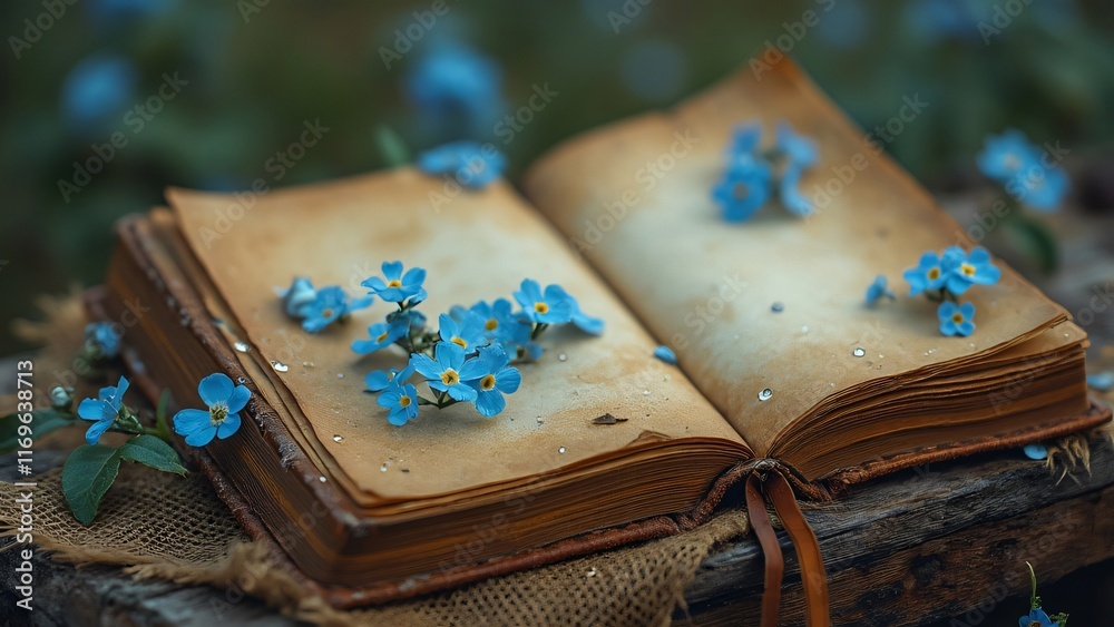Fototapeta premium Open Antique Book with Forget Me Not Flowers