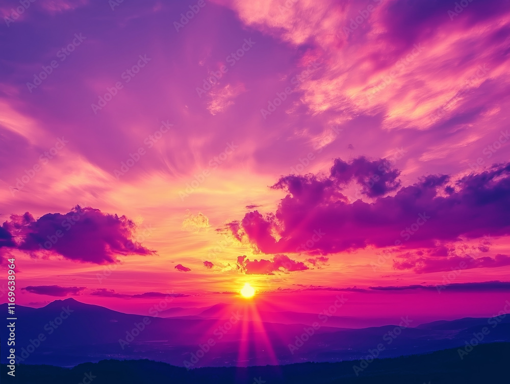Fototapeta premium Vibrant sunset with shades of purple, pink, and gold illuminating the sky over a distant mountain