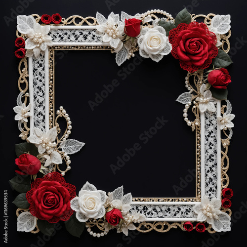 Elegant black background frame with white lace, pearls, and red roses, romantic and refined