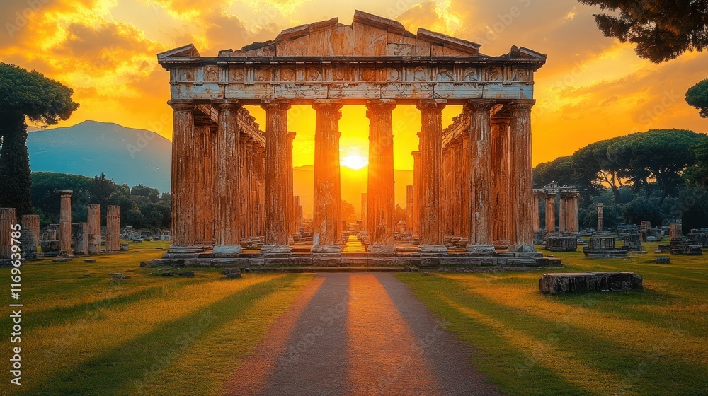 Obraz premium Sunset illuminating ancient Greek temple ruins.