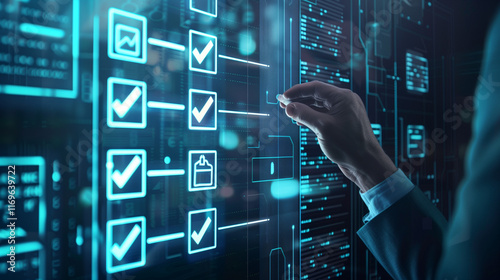 Quality Assurance and Document Control with Checklist Icons. Businessman mark off items on digital checklist, representing quality assurance and document control processes, verification and compliance