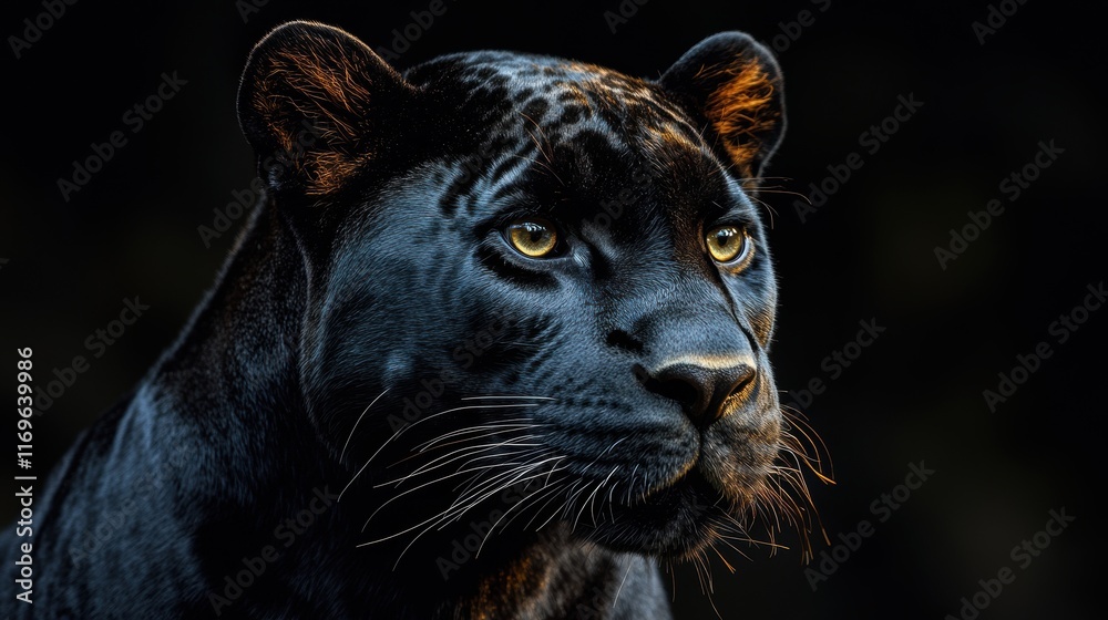 Close-Up Portrait of a Majestic Black Panther with Intense Gaze and Glossy Fur Illuminated by Soft Light in a Natural Setting, Exuding Power and Grace Close-Up Portrait of a Majestic Black Panther with Intense Gaze and Glossy Fur Illuminated by Soft Light in a Natural Setting, Exuding Power and Grace