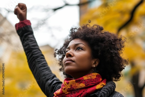 Woman raises fist, defiant, autumn background.