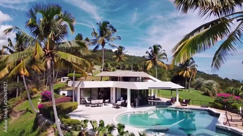 A tropical hillside villa surrounded by palm trees, with an outdoor lounge and infinity-edge pool.