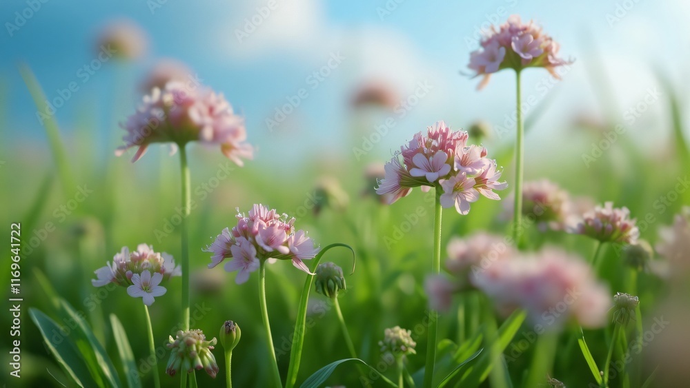 Beautiful Pink Flowers in Sunny Meadow Field Beautiful Pink Flowers in Sunny Meadow Field