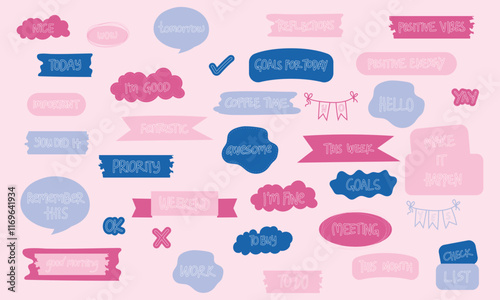 Vector set of notebook stickers for weekly or daily planner, schedule, organizer, reminder or agenda