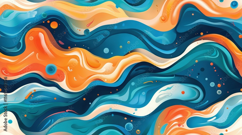 Fototapeta premium An abstract painting featuring swirling blue, orange, and white hues against a vibrant backdrop of blue, yellow, orange, and white